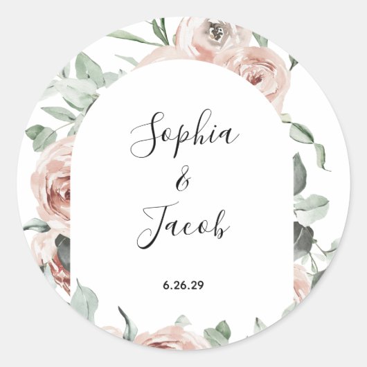 Dusty Pink Blush Floral Eucalyptus Wedding Classic Ronde Sticker (Voorkant)