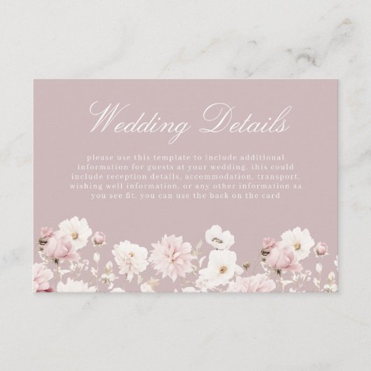 Dusty Pink & Blush Garden Bloemen Trouwdetails Informatiekaartje (Voorkant)