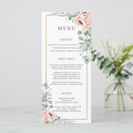 Dusty Pink Blush Rozen Poppy Floral Wedding Menu (Staand voorkant)