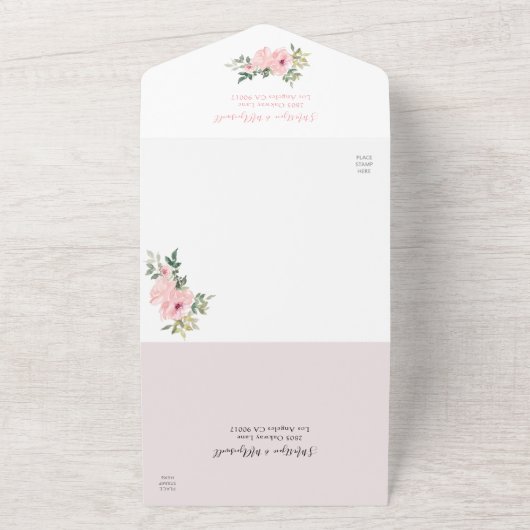 Dusty Pink Blush Waterverf Rozen Weddenschap All In One Uitnodiging (Buitenkant)