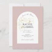 Dusty Pink | Boho Arch Gouden Bloemen Huwelijk Save The Date (Voorkant)