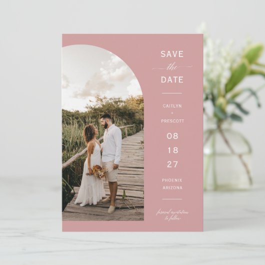 Dusty Pink Boho Arch Photo QR Code Save the Date Kaart (Staand voorkant)
