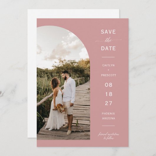 Dusty Pink Boho Arch Photo QR Code Save the Date Kaart (Voorkant / Achterkant)
