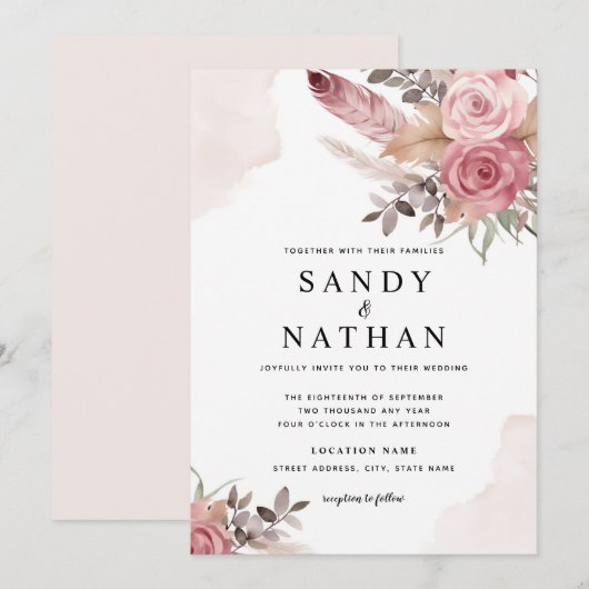 Dusty Pink Boho Bloemen Bruiloft Uitnodiging (Voorkant / Achterkant)