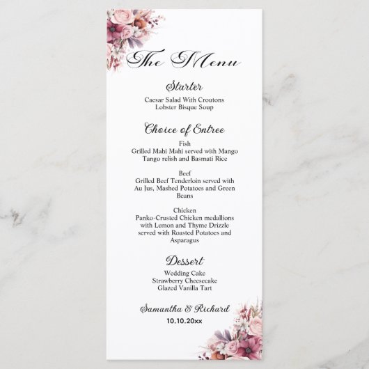 Dusty Pink Boho Floral 4x9'' Huwelijksmenu Menu (Voorkant)