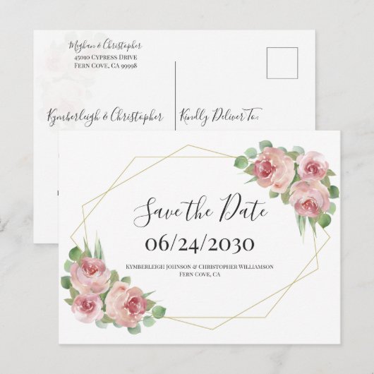 Dusty Pink Boho Floral Geometric Save the Date Briefkaart (Voorkant / Achterkant)