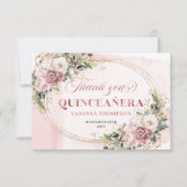 Dusty Pink Boho Floral Greenery Mis Quince Thanks Bedankkaart (Voorkant)