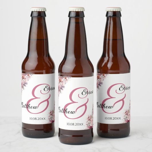 Dusty Pink Boho Floral Modern Script Wedding Bier Etiket (Flessen)