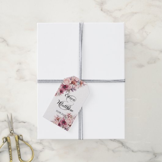 Dusty Pink Boho Floral Modern Script Wedding Cadeaulabel (Met Touw)