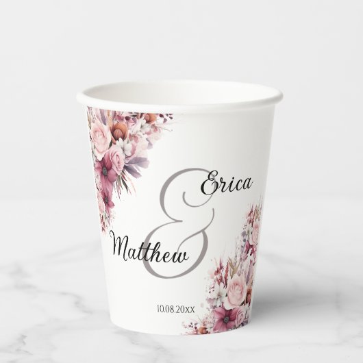 Dusty Pink Boho Floral Modern Script Wedding Papieren Bekers (Voorkant)