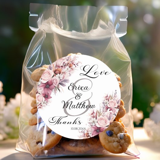 Dusty Pink Boho Floral Modern Script Wedding Ronde Sticker