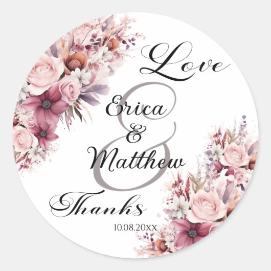 Dusty Pink Boho Floral Modern Script Wedding Ronde Sticker (Voorkant)