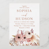 Dusty Pink Boho Floral Pampas Bruiloft Roos Gold Folie Uitnodiging (Voorkant)