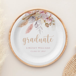 Dusty Pink Boho Floral Pampas Grass Afstuderen Papieren Bordje