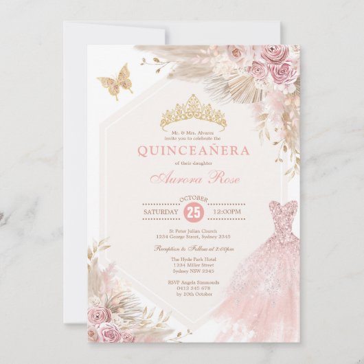 Dusty Pink Boho Floral Quinceañera 15e verjaardag Kaart (Voorkant)