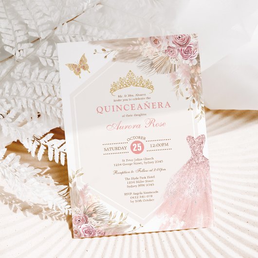 Dusty Pink Boho Floral Quinceañera 15e verjaardag Kaart