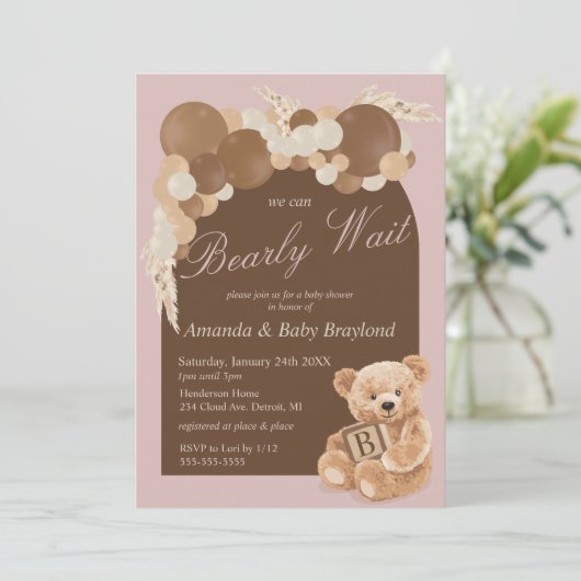Dusty Pink Boho Teddy Bear Baby shower Kaart (Staand voorkant)