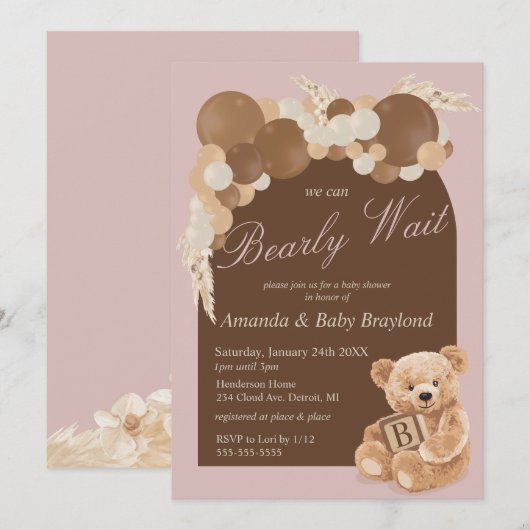 Dusty Pink Boho Teddy Bear Baby shower Kaart (Voorkant / Achterkant)