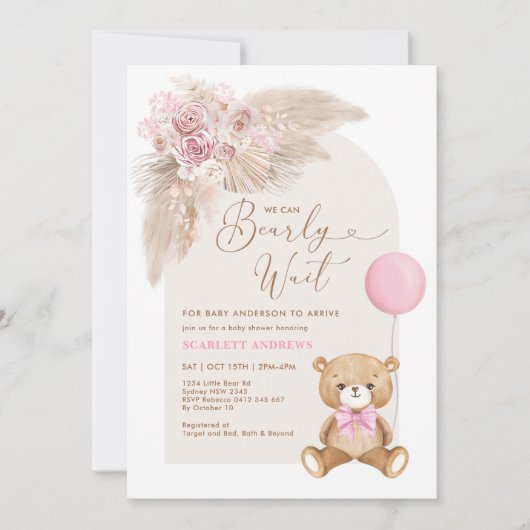 Dusty Pink Boho Teddy Bear Ballon Baby shower Kaart (Voorkant)