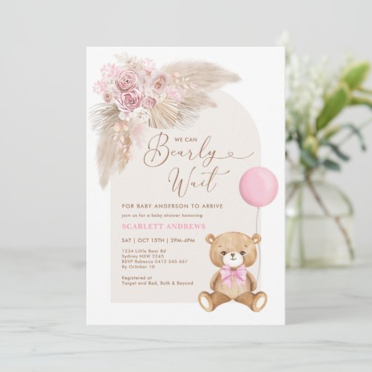 Dusty Pink Boho Teddy Bear Ballon Baby shower Kaart (Staand voorkant)