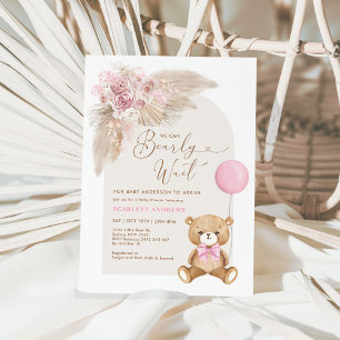 Dusty Pink Boho Teddy Bear Ballon Baby shower Kaart