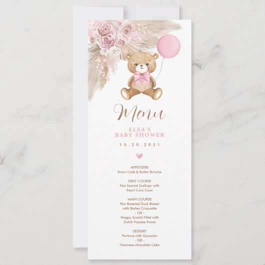 Dusty Pink Boho Teddy Bear Balloon Menu Kaart (Voorkant)