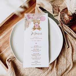 Dusty Pink Boho Teddy Bear Balloon Menu Kaart