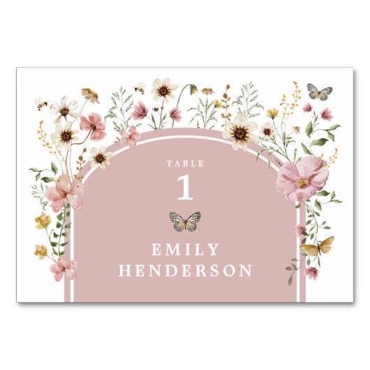 Dusty Pink Boho Wildflower Butterfly Tafelnummer (Voorkant)