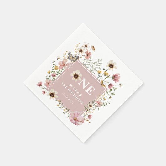 Dusty Pink Boho Wildflower Meisje 1e Verjaardagsfe Servet (Hoek)
