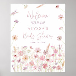 Dusty Pink Boho Wildflowers Baby shower Welkom Poster