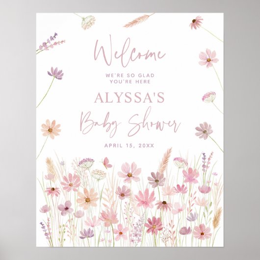 Dusty Pink Boho Wildflowers Baby shower Welkom Poster (Voorkant)