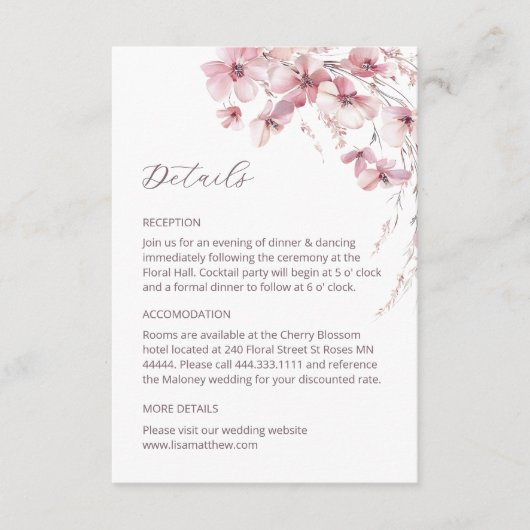 Dusty Pink Boho Wildflowers Details Enclosure Card Informatiekaartje (Voorkant)