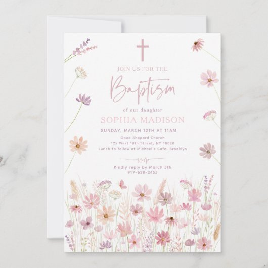 Dusty Pink Boho Wildflowers doop Kaart (Voorkant)