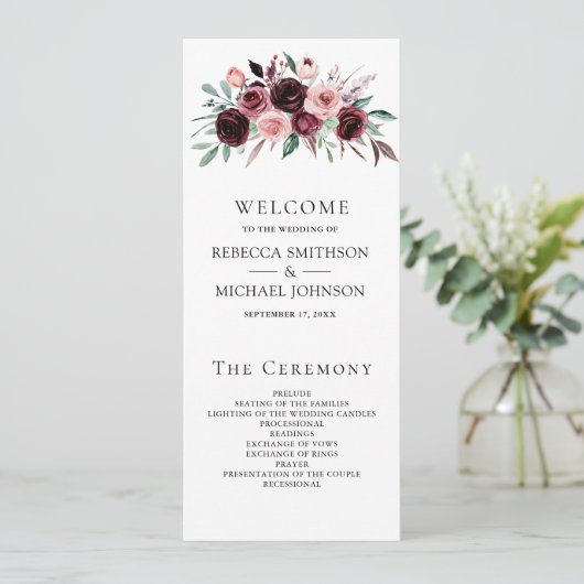 Dusty Pink Bourgondië Bloemen Marine Trouwprogramm (Staand voorkant)