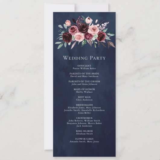 Dusty Pink Bourgondië Bloemen Marine Trouwprogramm (Achterkant)