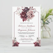 Dusty Pink Bourgondië Floral Lijst QR Code Bruilof Kaart (Staand voorkant)