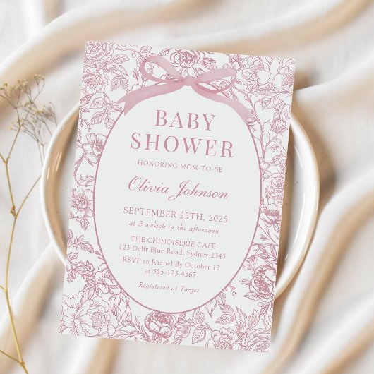 Dusty Pink Bow Chinoiserie Floral Baby shower Kaart