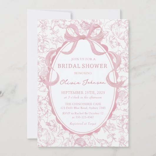 Dusty Pink Bow Chinoiserie Floral Vrijgezellenfees Kaart (Voorkant)