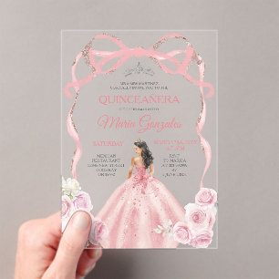 Dusty Pink Bow Princess Zilveren Kroon Quinceañera Acryl Uitnodigingen