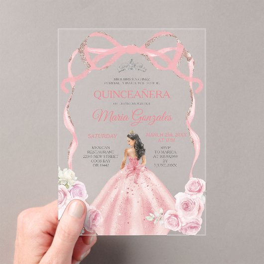 Dusty Pink Bow Princess Zilveren Kroon Quinceañera Acryl Uitnodigingen (Insitu (Draagbaar))