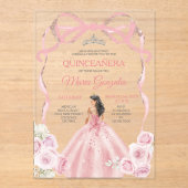 Dusty Pink Bow Princess Zilveren Kroon Quinceañera Acryl Uitnodigingen (Voorkant)