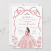 Dusty Pink Bow Princess Zilveren Kroon Quinceañera Kaart (Voorkant)