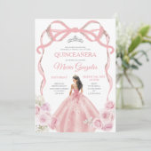 Dusty Pink Bow Princess Zilveren Kroon Quinceañera Kaart (Staand voorkant)