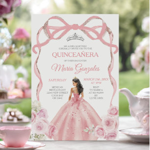 Dusty Pink Bow Princess Zilveren Kroon Quinceañera Kaart
