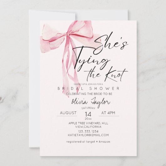 Dusty Pink Bow She's Tying the Knot Vrijgezellenfe Kaart (Voorkant)