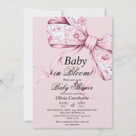 Dusty Pink Bow Waterverf Baby shower Uitnodiging (Voorkant)