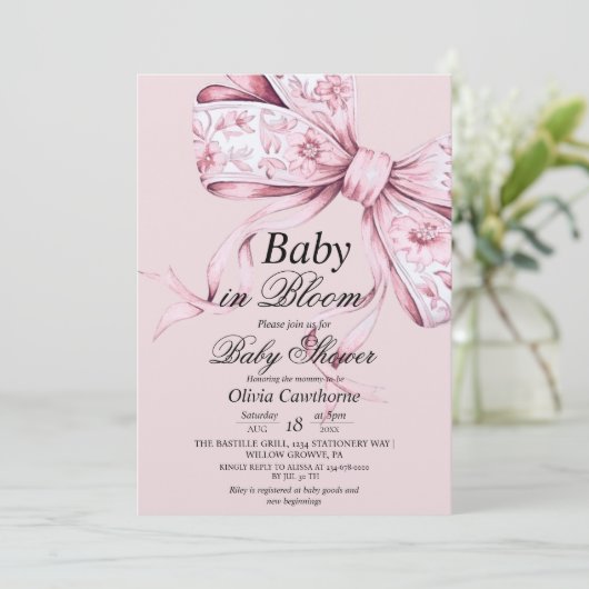 Dusty Pink Bow Waterverf Baby shower Uitnodiging (Staand voorkant)