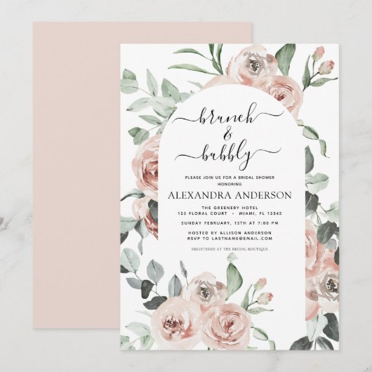 Dusty Pink Brunch & Bubble Vrijgezellenfeest Green Kaart (Voorkant / Achterkant)