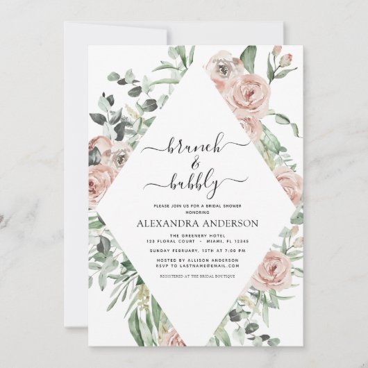 Dusty Pink Brunch & Bubble Vrijgezellenfeest Green Kaart (Voorkant)