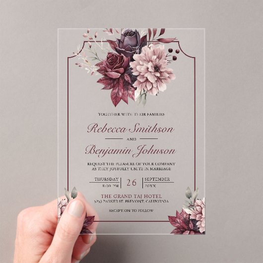 Dusty Pink Burgundy Floral Frame Wedding Acryl Uitnodigingen (Insitu (Draagbaar))